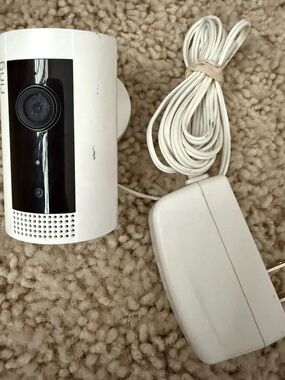 Ring Indoor Security Camera in White and Black with Power Adapter